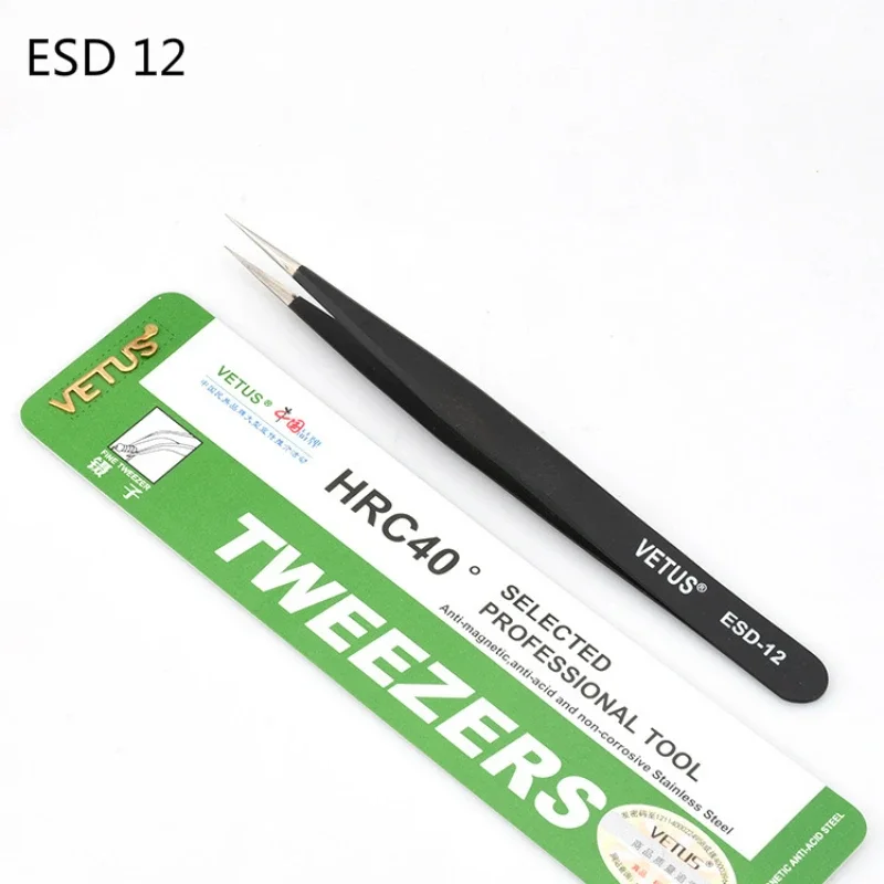 100% VEtus ESD Anti-static Stainless Steel Tweezers Maintenance Tools Industrial Precision Curved Straight Tweezers Repair Tools