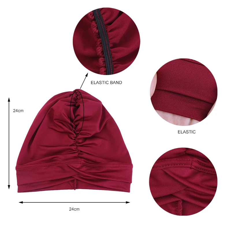 2PCS/LOT Classic Pleated Turban Hat Elegant Solid Color Head Wraps Headscarf Breathable Elastic Beanies Chemo Cap