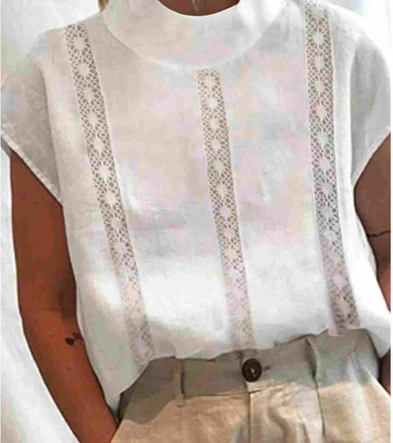 Cotton Linen New Short Sleeve Flower Lace Patchwork Women Shirts Elegant Solid White Casual Work Wear Blouses Tops