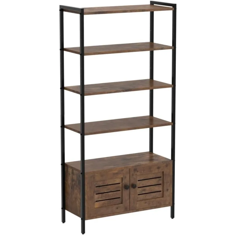 

Bookshelf and Bookcase with 2 Louvered Doors and 4 Shelves, 27.6" Wide Standing Storage Cabinet for Living Room,Vintage Brown