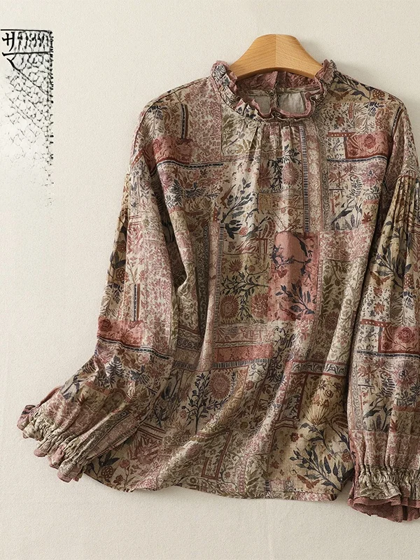 Retro Plant Print Loose Lace Collar Long Sleeve Linen Shirt Women's Casual Style Comfortable Breathable Full Sleeve Top