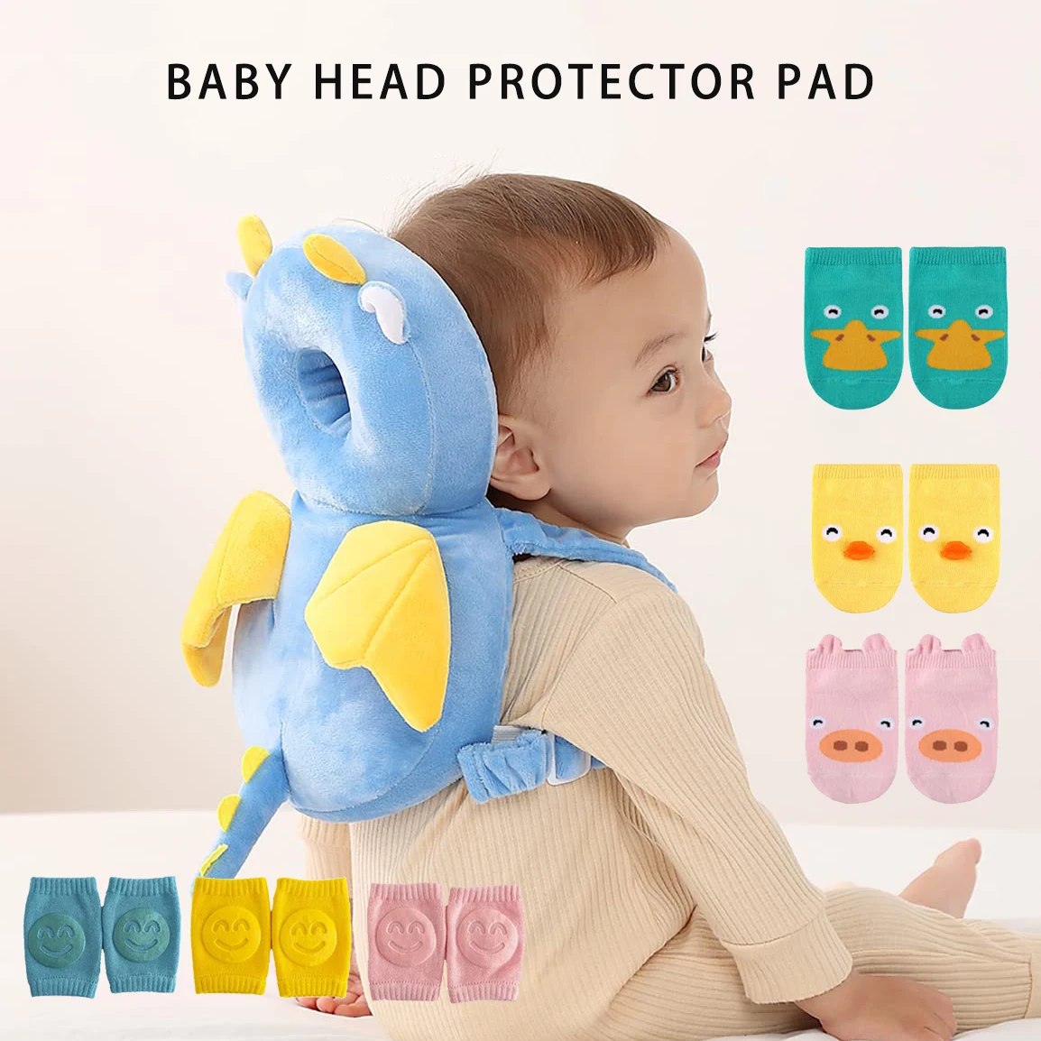 Toddler Baby Head Protector Pad Safety Cushion with Knee Pads&Anti-Slip Sock,Animal anti-fall backpack+knee socks（turtle,tiger）