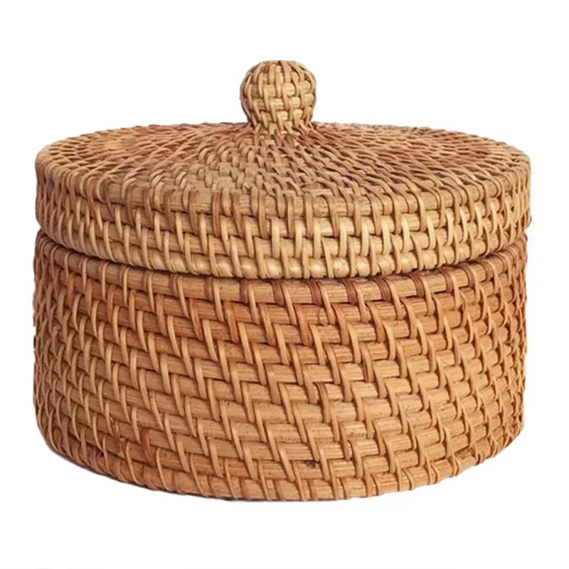 Handwoven Rattan Storage Box with Lid Wicker Tea Food Container Picnic Bread Fruit Cake Basket Kitchen Organizer B