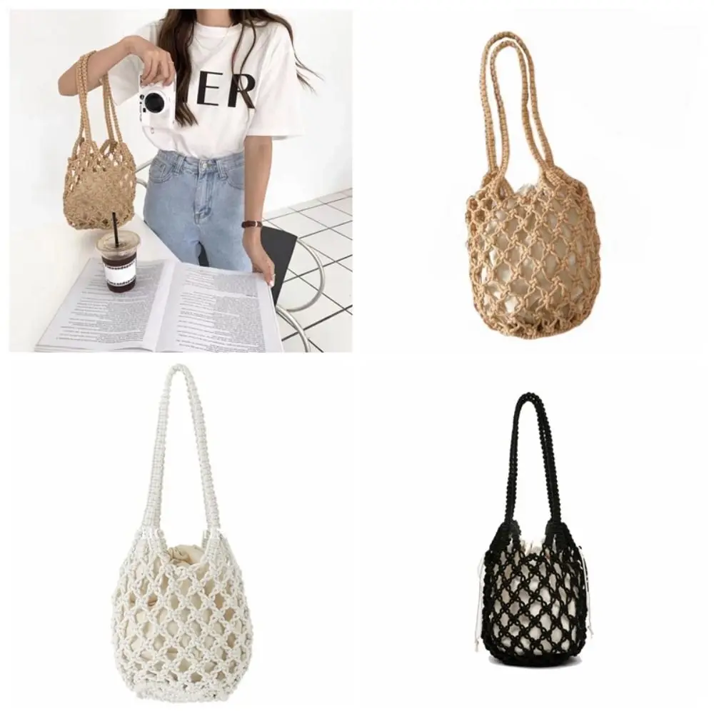 

Korean Style Knitted Bucket Shoulder Bag Solid Color Handbag Mesh Rope Shoulder Bag Tote Bag Niche Design Small Phone Bag Travel