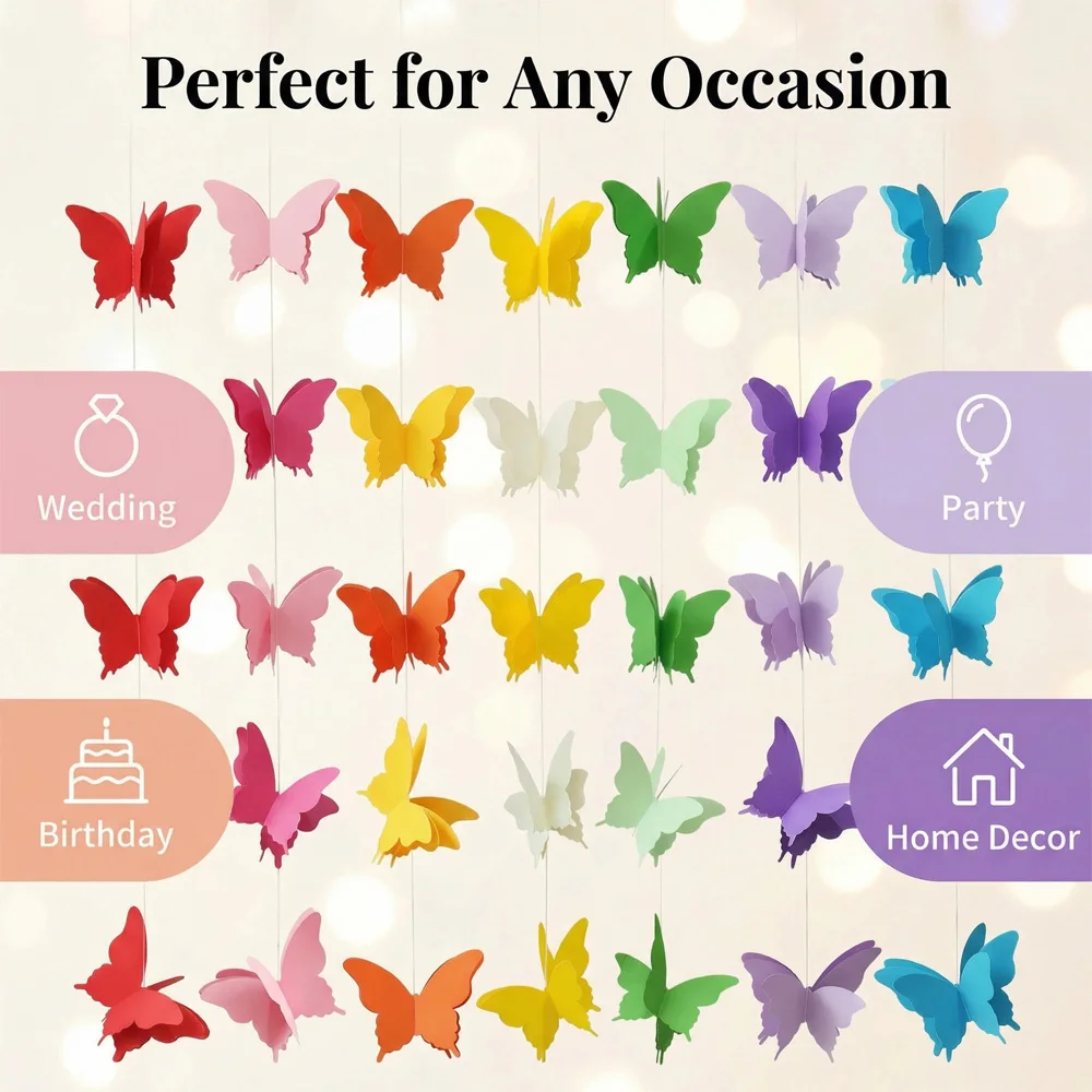 

3D Colorful Butterfly Paper Garland, Rainbow Butterfly String Decor for Wedding, Birthday Party & Kids Room