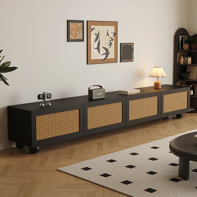 

Solid wood retro rattan TV cabinet Small apartment black living room French TV cabinet