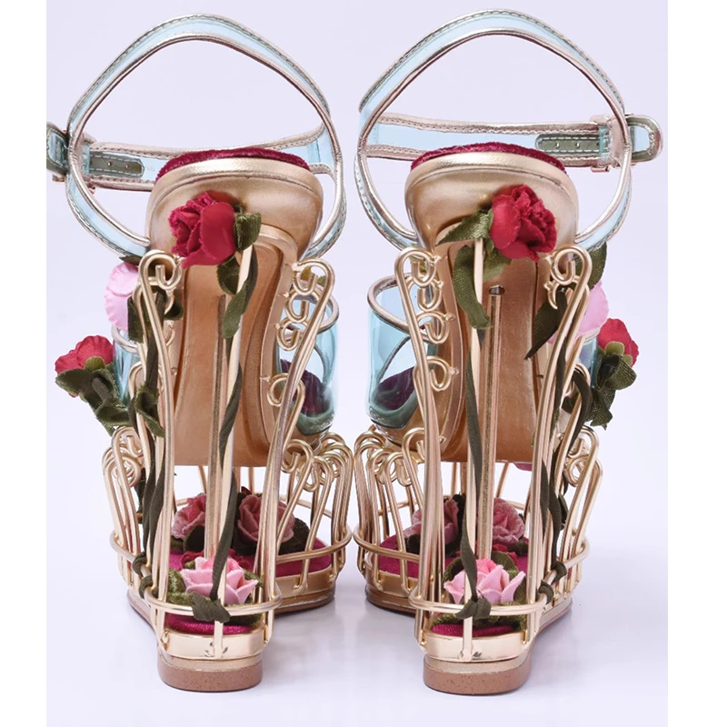 PVC Bird Cage Heel Golden Hollow Ethnic Flower Wedge Sandal 2024 Summer Women Open Toe Buckle High Heel Lolita Wedding Shoes