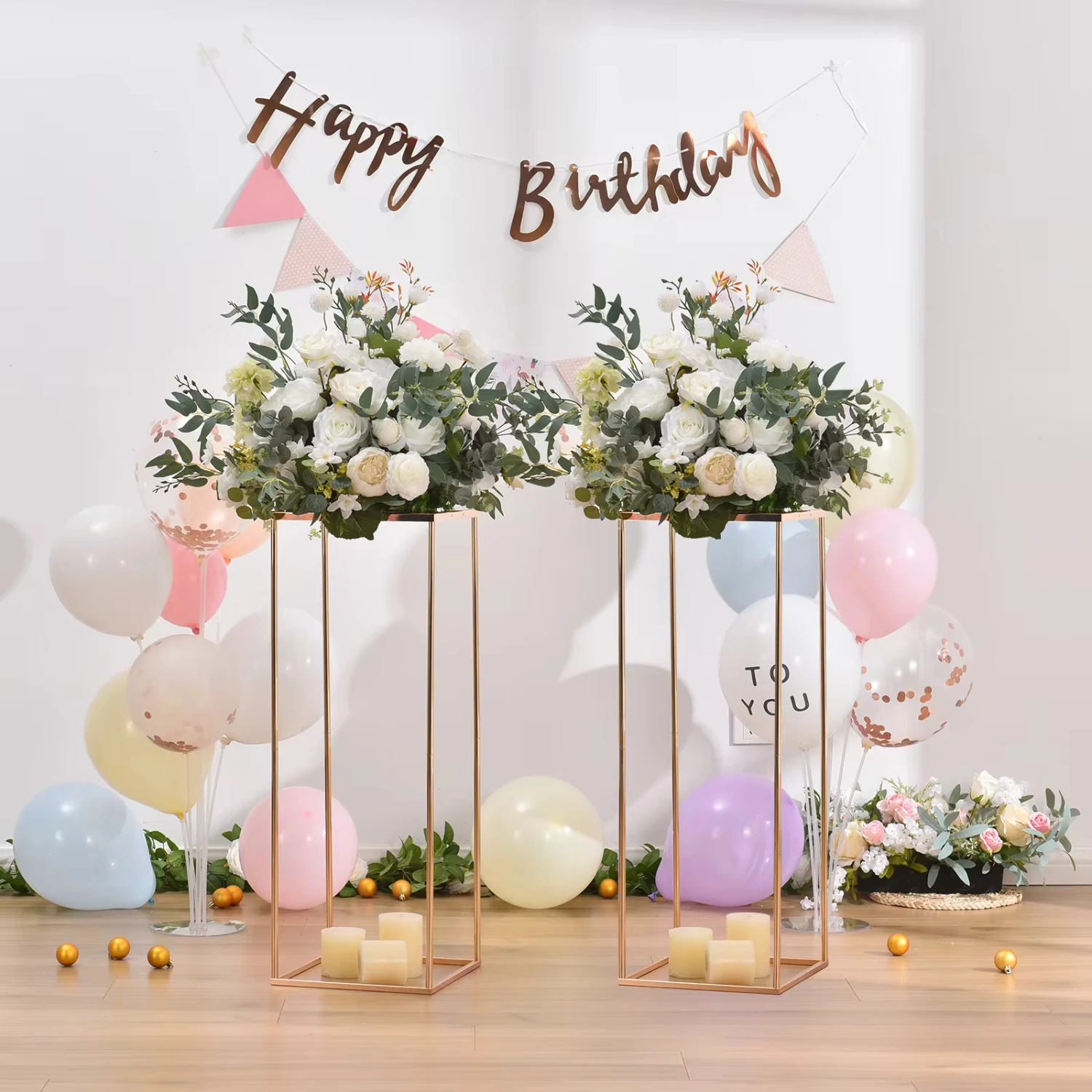 

31.5 Tall Gold Geometric Metal Flower Stand for Artificial Flowers, Faux Flowers, Fake Flowers - Indoor Plant Stand with Top Pl