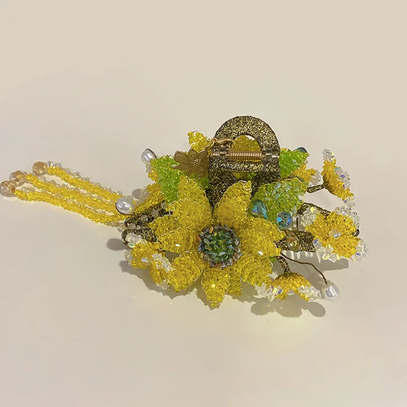 Handmade Crystal Beaded Sunflower Hair Claws Hairpin Chinese Style Crystal Tassel Hair Accessory Back of The Head Barrette