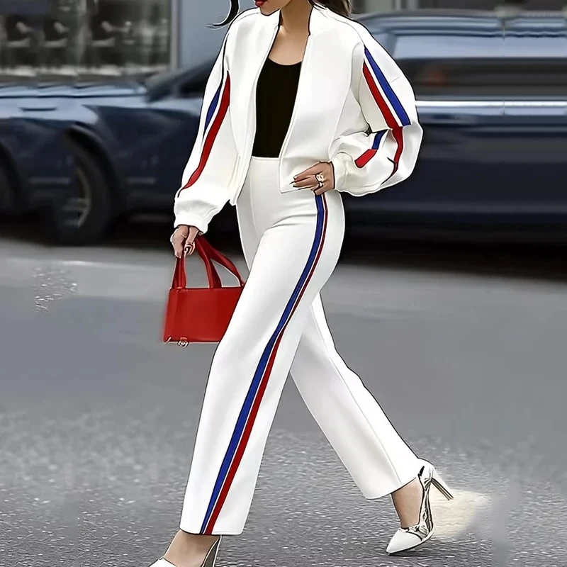 

Beautyblue Female Outfits Loose Striped Zipper Outerwear Column Striped Casual Pants Bottoms Trousers Fashion Ladies Clothing