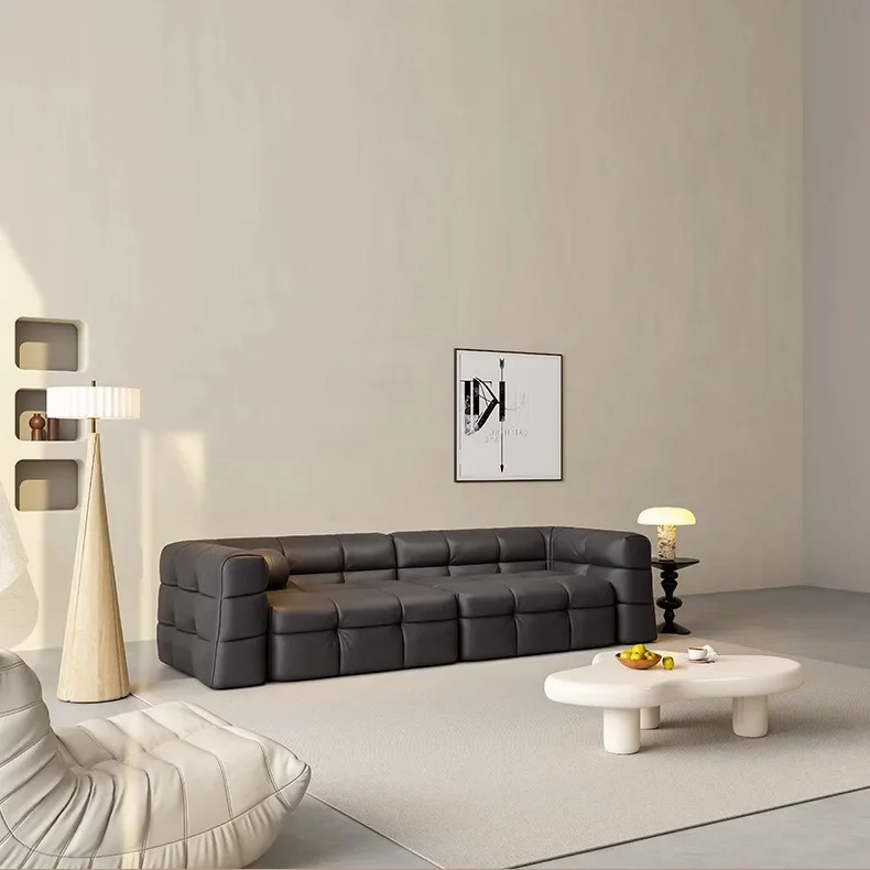 أريكة فنية من الجلد الإيطالي البسيط من مارشميلو، أريكة منزلية من الطبقة الأولى من الجلد باللون الأسود #4