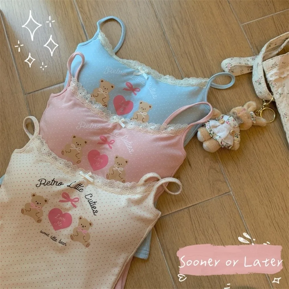Graffiti Print Camisole Top Built-in Chest Pad Cute Bear Design Tank Top Lace Trimmed Innerwear Outerwear short top Women