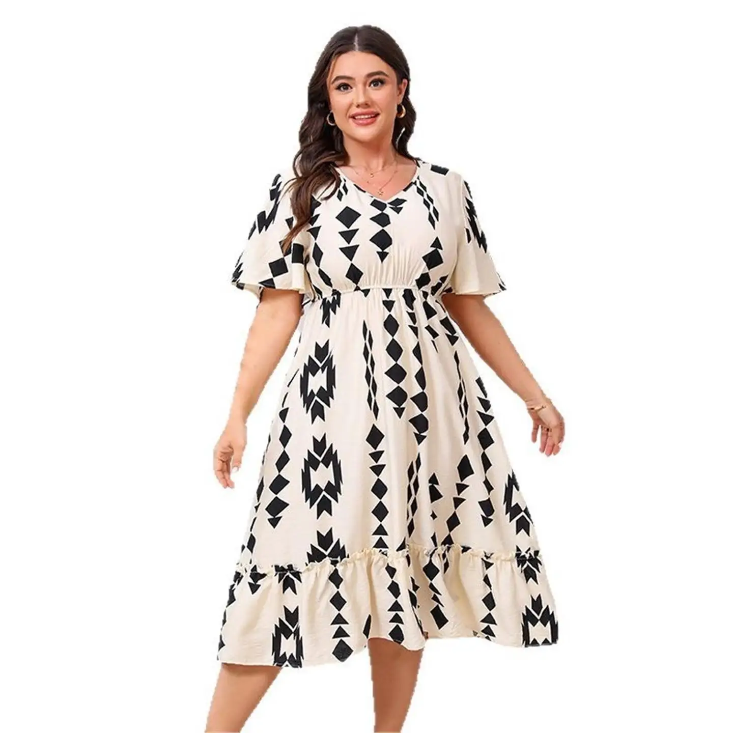 보헤미안 벨 슬리브 맥시 드레스 플러스 사이즈 플로우 여름 캐주얼 기본 스타일 유럽 스타일 탄력 있는 허리 짧은 소매 드레스