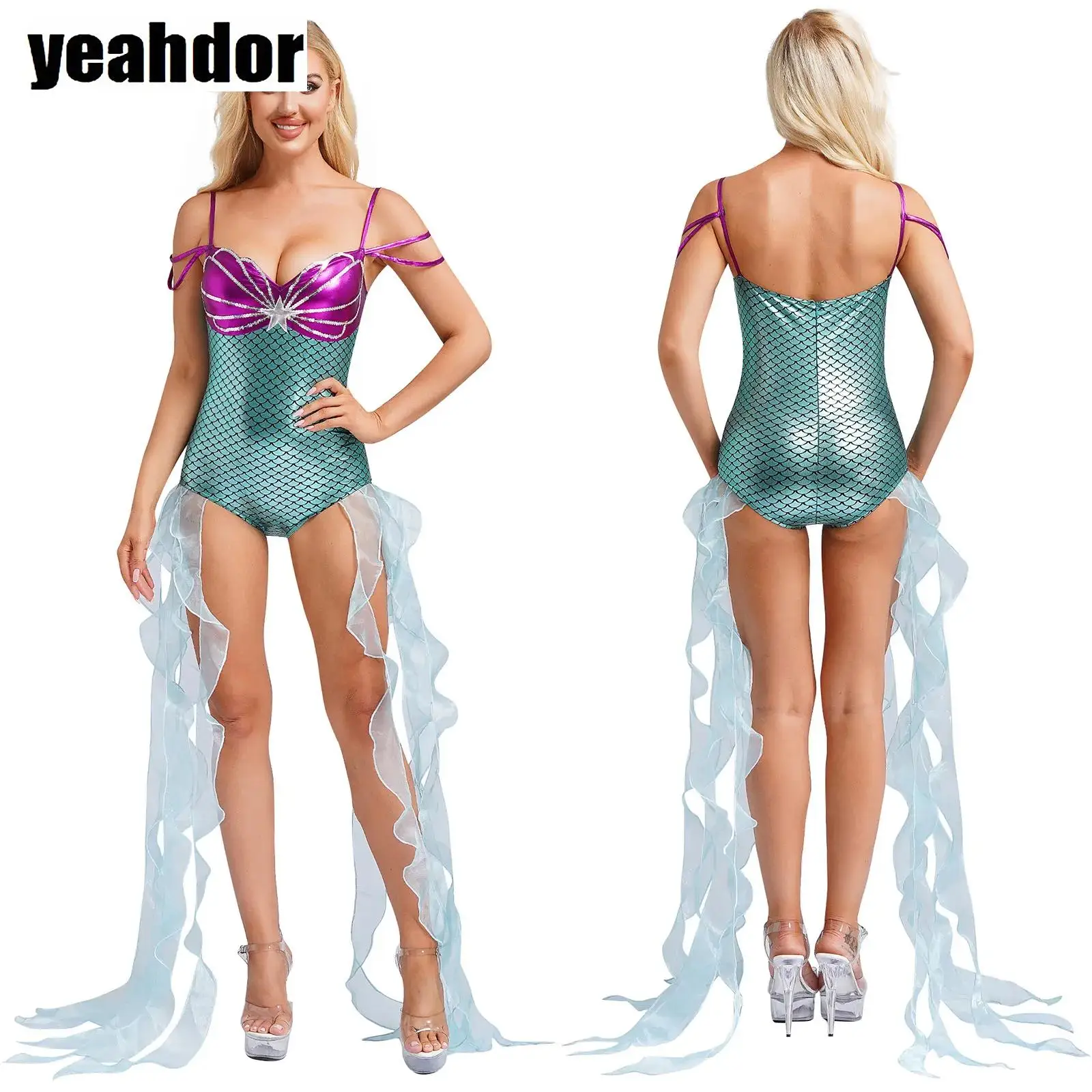 

Women Mermaid Costume Fish Scales Printed Cami Jumpsuit Sparkle Sequin Leotard Bodysuit with Long Tulle Halloween Fancy Dress Up