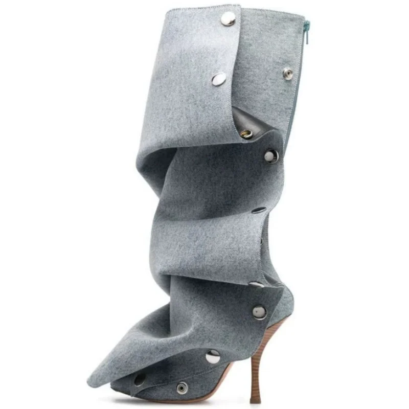 

Женские сапоги до колена с острым носком на высоком каблуке с металлическими заклепками, ковбойские лоскутные женские высокие сапоги, пикантная женская обувь для отдыха и вечеринки