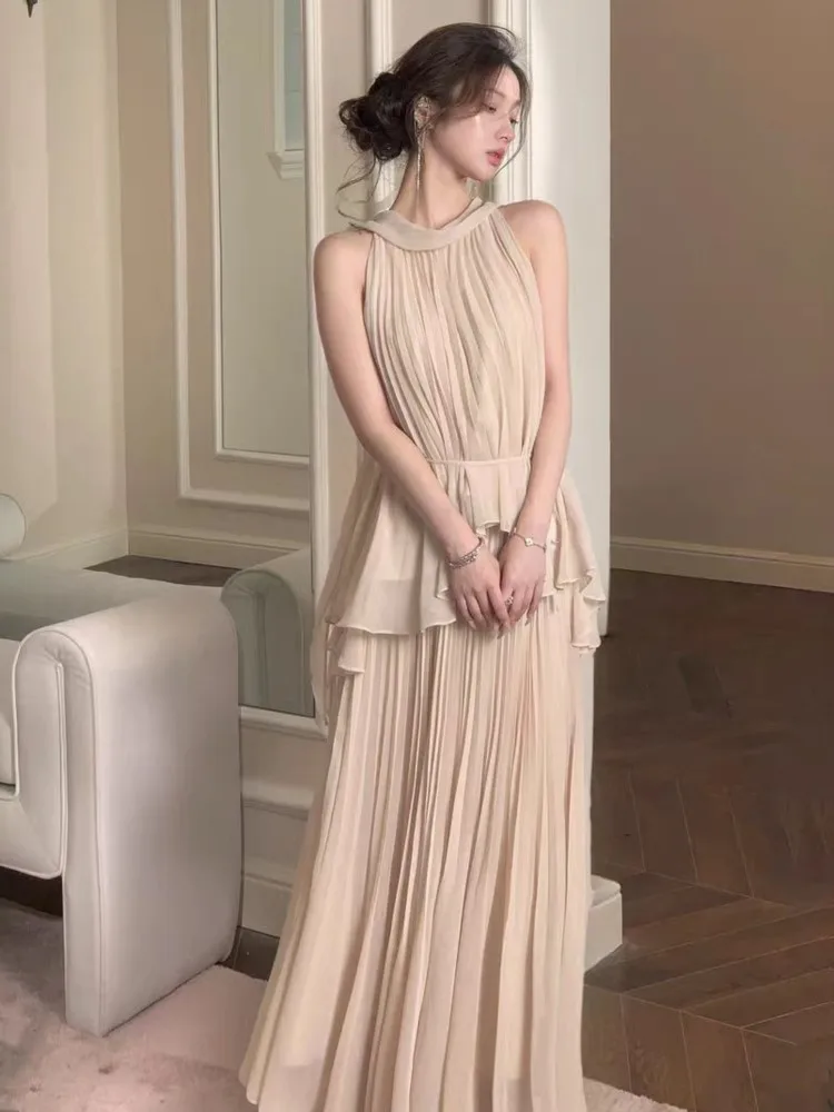 

Women Fashion Sleeveless Top Ribbon Pleated Skirt Set Summer Elegant Chic Lace up Two-piece Sets Holiday Female Clothes New