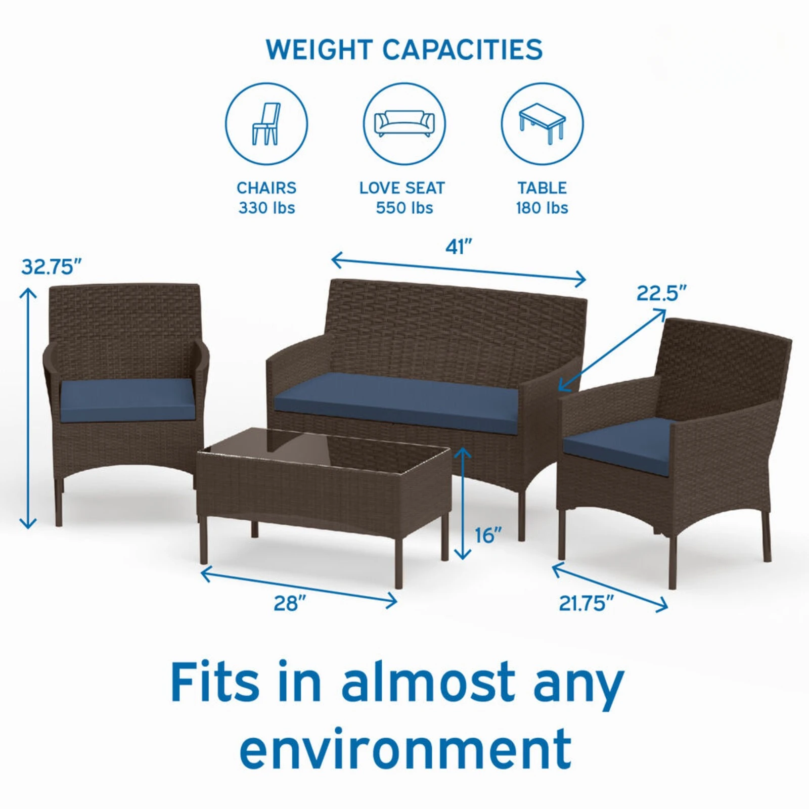 US 4 Piece Patio Furniture Set, Outdoor Patio Set Love-seat, Chairs, Table