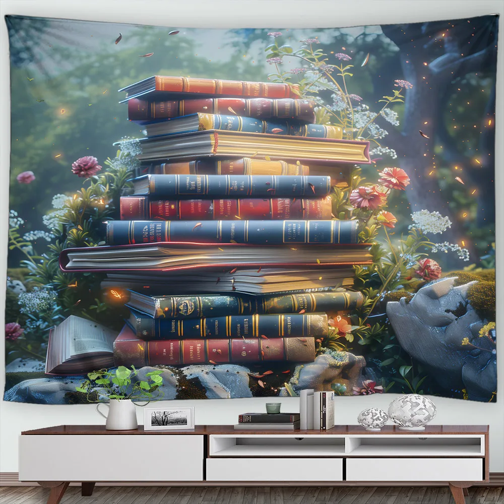 Bookshelf Vintage Library Tapestry Book Bookstack Magic Witch Room Universe Bedroom Wall Hanging Living Room Tapestry Screen