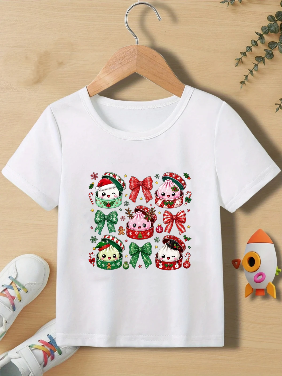 Kids Christmas Dumpling T‑Shirt, Cute Cartoon Bao Buns Xmas Box Gingerbread Man Tree Graphic Print Tshirt Boys/Girls Tops Gift