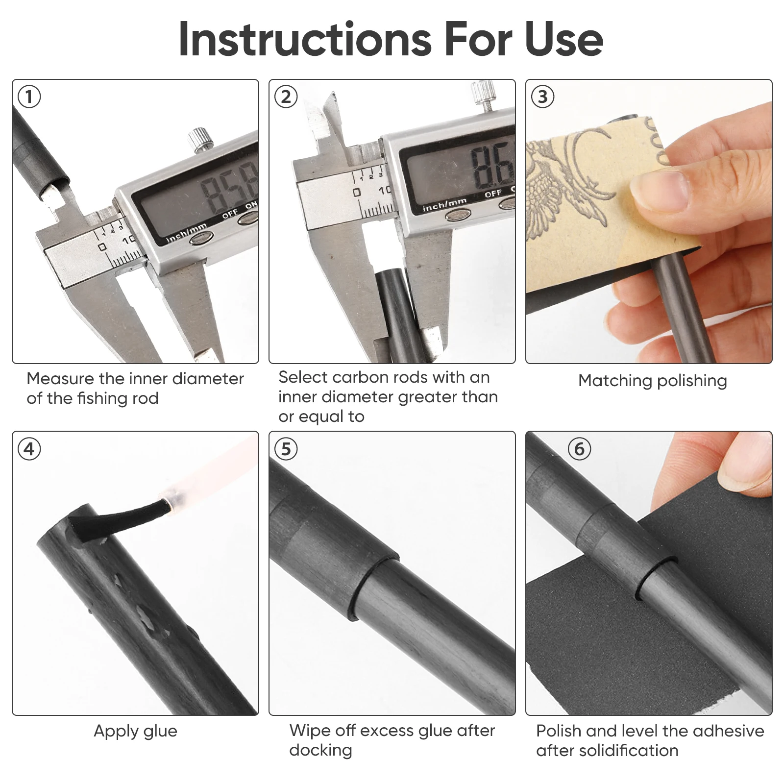 

6pcs Fishing Rod Repair Carbon Fiber Inserts 1mm 1 2mm 2 5mm 3mm 3 5mm Solid Connector Tools Sea Pole Accessories