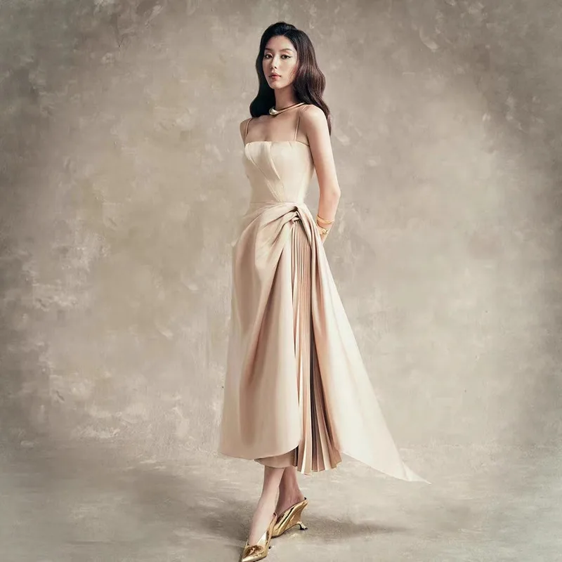 BEWQ – robe de soirée élégante en Satin pour femmes, taille haute, irrégulière, couleur unie, plissée, nouvelle collection automne 2025