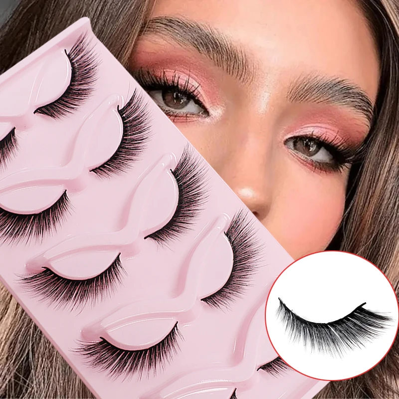 5 أزواج من الرموش الصناعية الصناعية المنفوشة بشكل طبيعي - رموش صناعية ممدودة على شكل عين القطة، مما يجري جريء