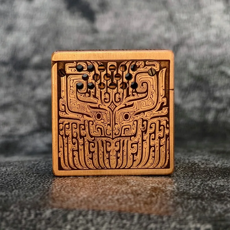 Original Handmade Lighter,Solid Copper Hollowed Out and Welded,Featuring A Square Taotie Pattern, Oil,Vintage Style Gift for Men