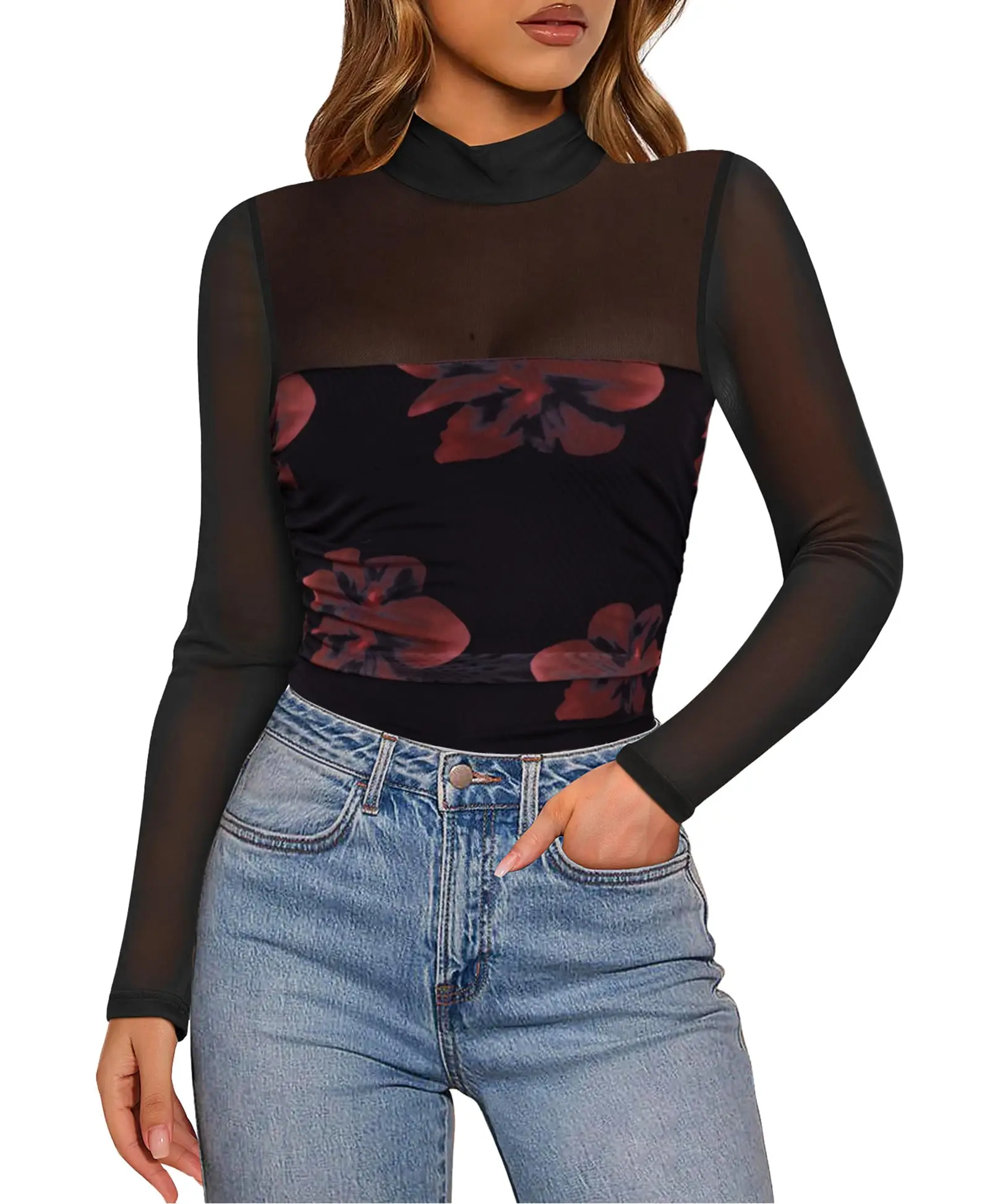 

Women's Sheer Mesh Turtleneck Tops Long Sleeve Floral Print Patchwork Shirt Slim Fit Party Elegant Casual Club Ladies Clothing