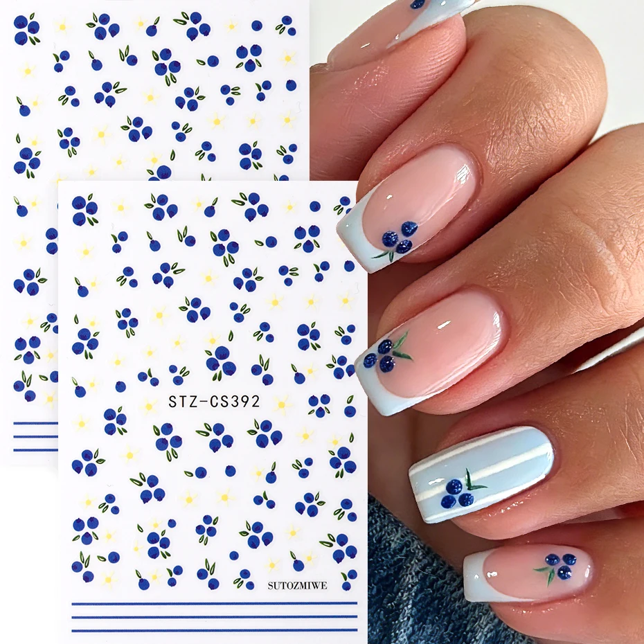 2 Stück Sommer-Blaubeer-Nagelkunst-Aufkleber Selbstklebende Mini-Blaue Frucht-Blumen-Nagelaufkleber Blaues Gestreiftes Linien-Design Nagelschieber-Set