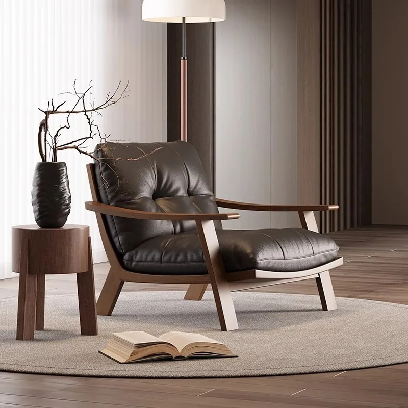 

Solid wood sofa wabi wind leisure retro Maillard leather single sofa balcony lazy sofa