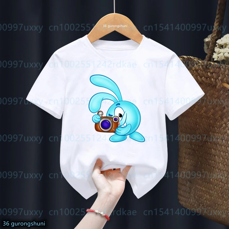 Camiseta gráfica Smeshariki infantil, camisa branca, tops casuais, roupas engraçadas para meninos e meninas, verão