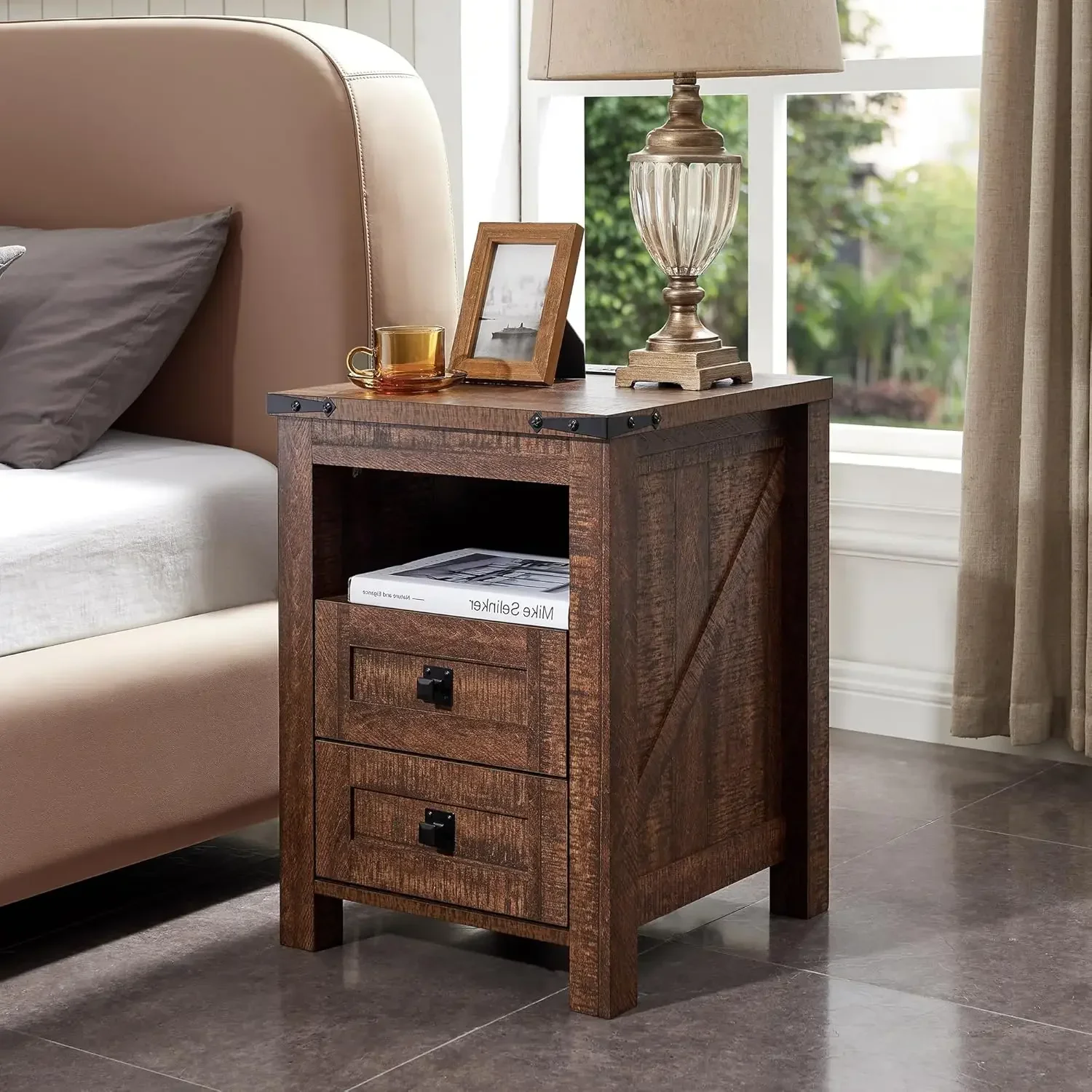 Farmhouse Nightstand with Charging Station, Rustic 18 Inch End Table with 2 Storage Drawers and Open Shelf,Wood Sofa Side Table