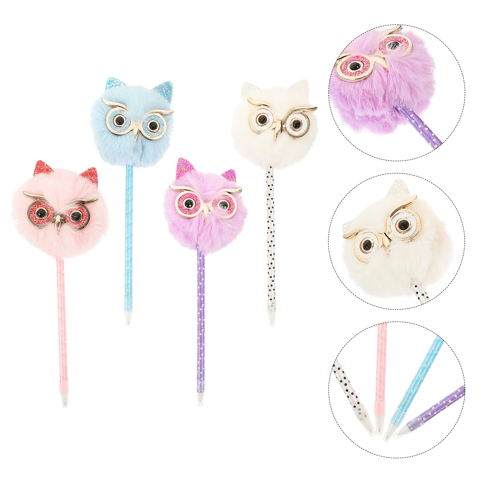 

4 Pcs Owl Fur Ball Pen Adorable Sign Ballpoint Gel Girls Supply Plush Household Convenient Writing Child Pink