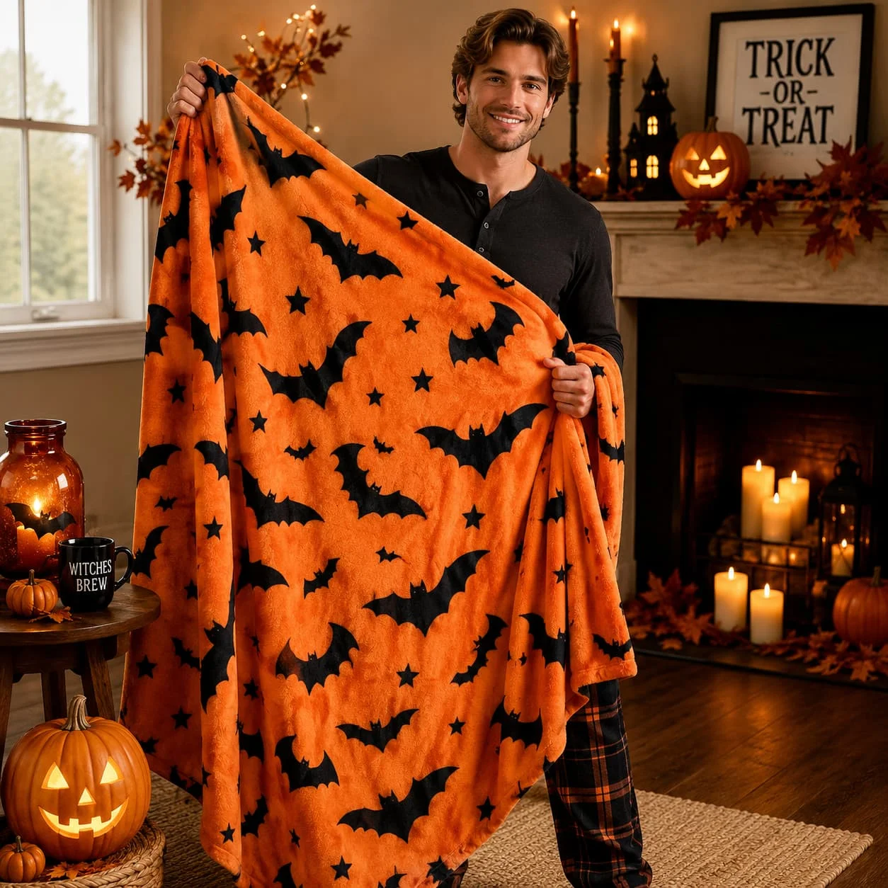 Halloween Throw Blanket |   Halloween Throw Blanket: Soft Black Bats Silhouette On Orange Velvet Flannel For Sofa Bed Couch Chair Dorm-Halloween Decor, Halloween Decorations, Home Decor, Fall Decor, Christmas Decrotions