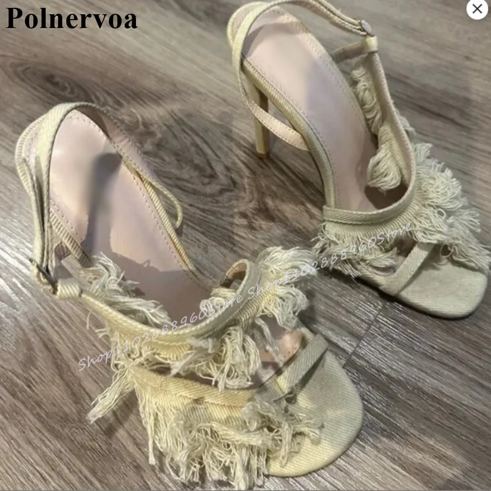 

Apricot Cloth Slingback Tassels Strip Sandals Stilettos High Heel Shoes For Women Back Buckle Strap Open Toe Trending Sandals