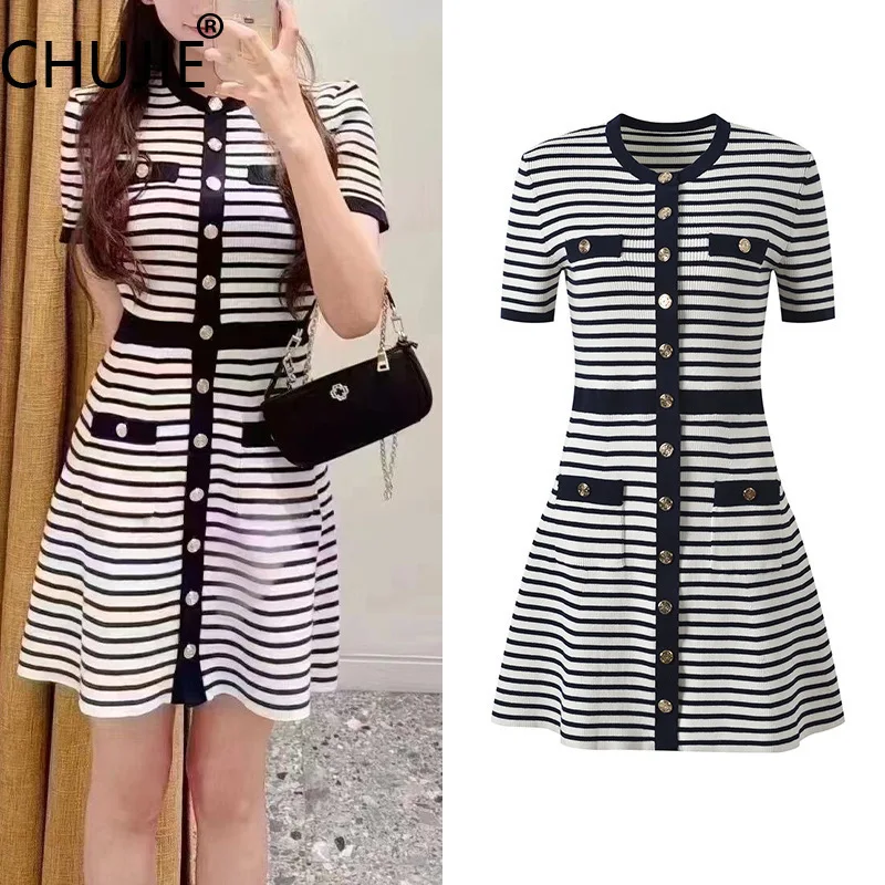 

CHUJIE French Striped Knit Dress Round Neck Single Breasted Slim Fit Office Mini Dress SS25 with Pockets