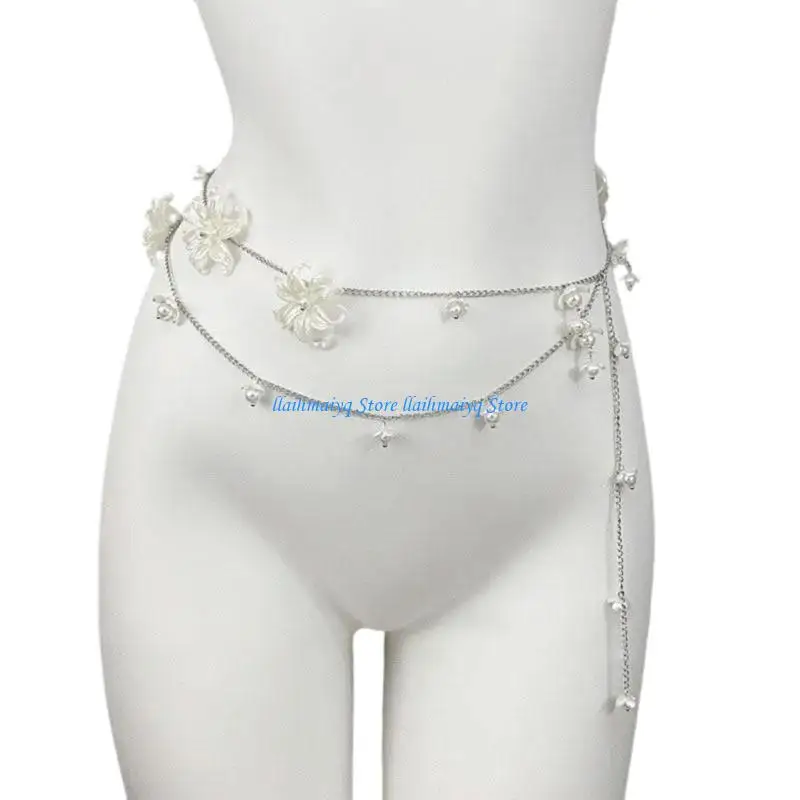 

573B Heavy Duty Waist Belt Stylish for Stage Dance Music Festival Jeans Dress Belt Body Jewelry Chain Pearls Belly Dance
