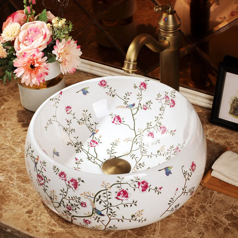 Rose porcelain bathroom wash basin ceramic basin with flower and bird pattern