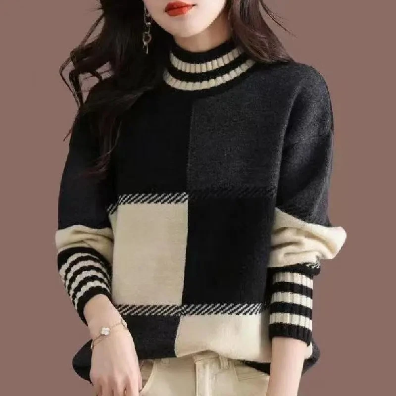 Women\'s Jumper Plaid Patchwork Turtleneck Sweater Autumn Winter Loose Casual Long Sleeve Thick Knitted Top Female Wool Knitwear