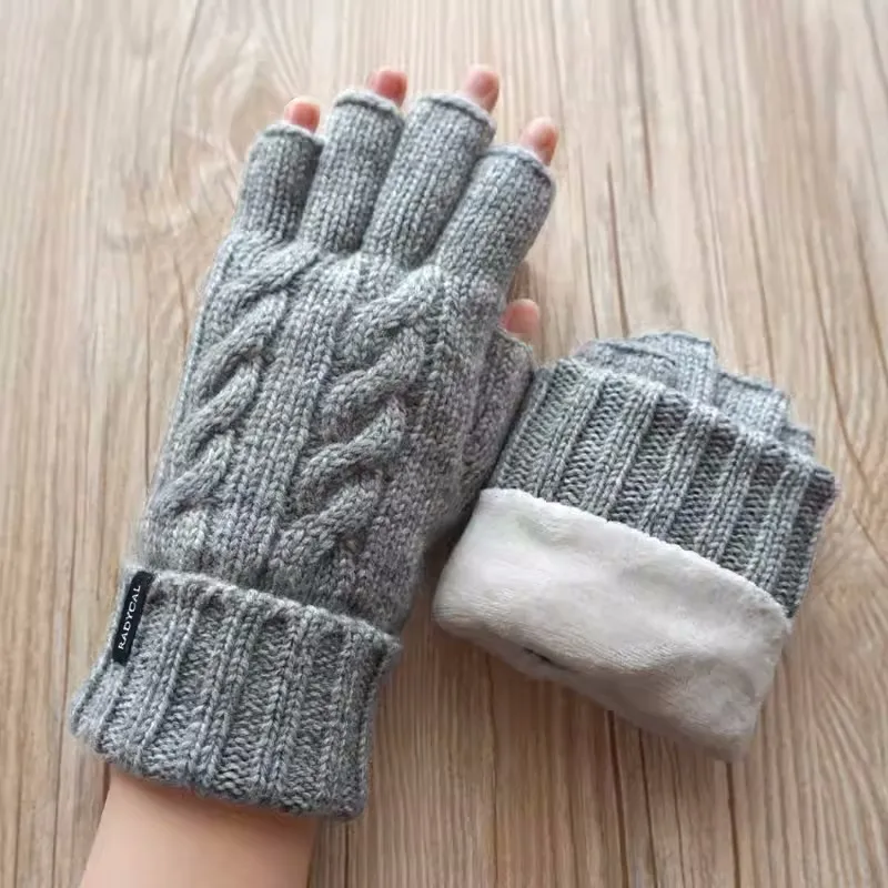 

Winter Gloves Women Fingerless Gloves Wool Plus Velvet Thickening Warm Exposed Finger Gloves Outdoor Ladies Mittens