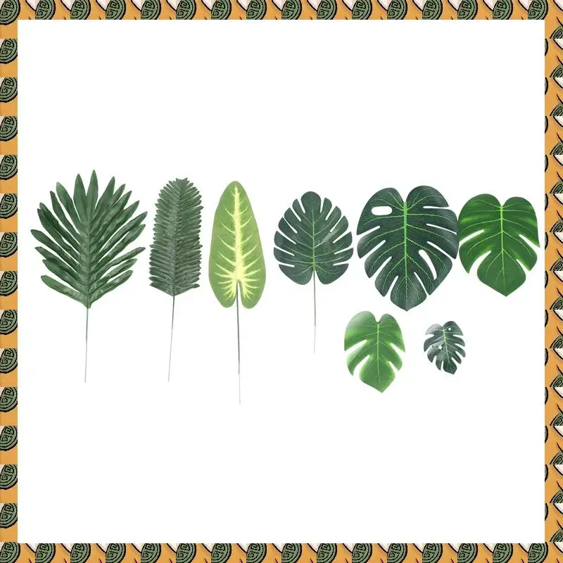 

A77I 340 Pieces 8 Kinds Tropical Party Decorations Jungle Monstera Leaves , Artificial Palm Leaves With Faux Stem
