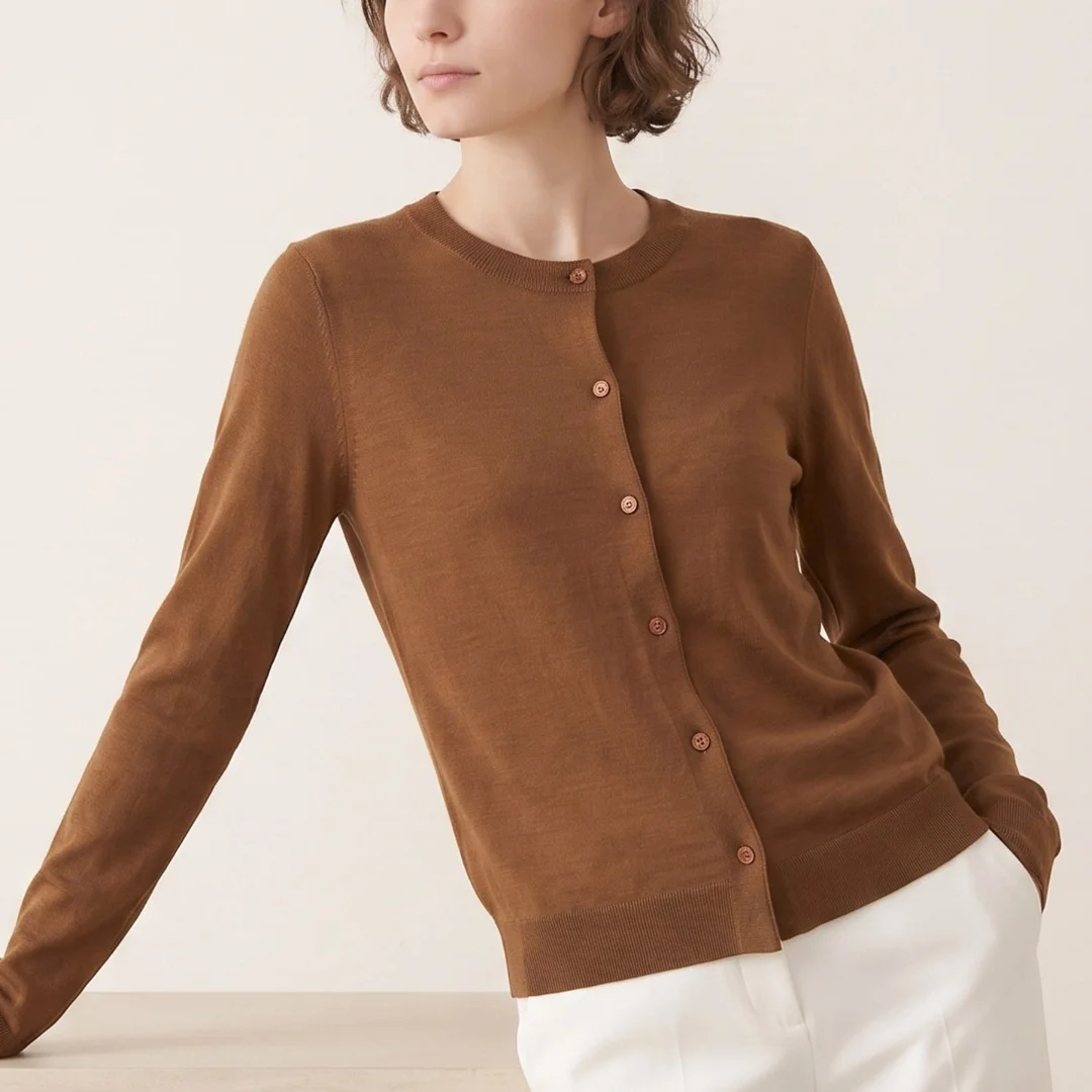 Women Knit Cardigan 49.1% Acrylic 30.1% Wool 20.8% Nylon CrNeck Buttons down Long Sleeve Cardigan Sweater Top Shirt M L TB032