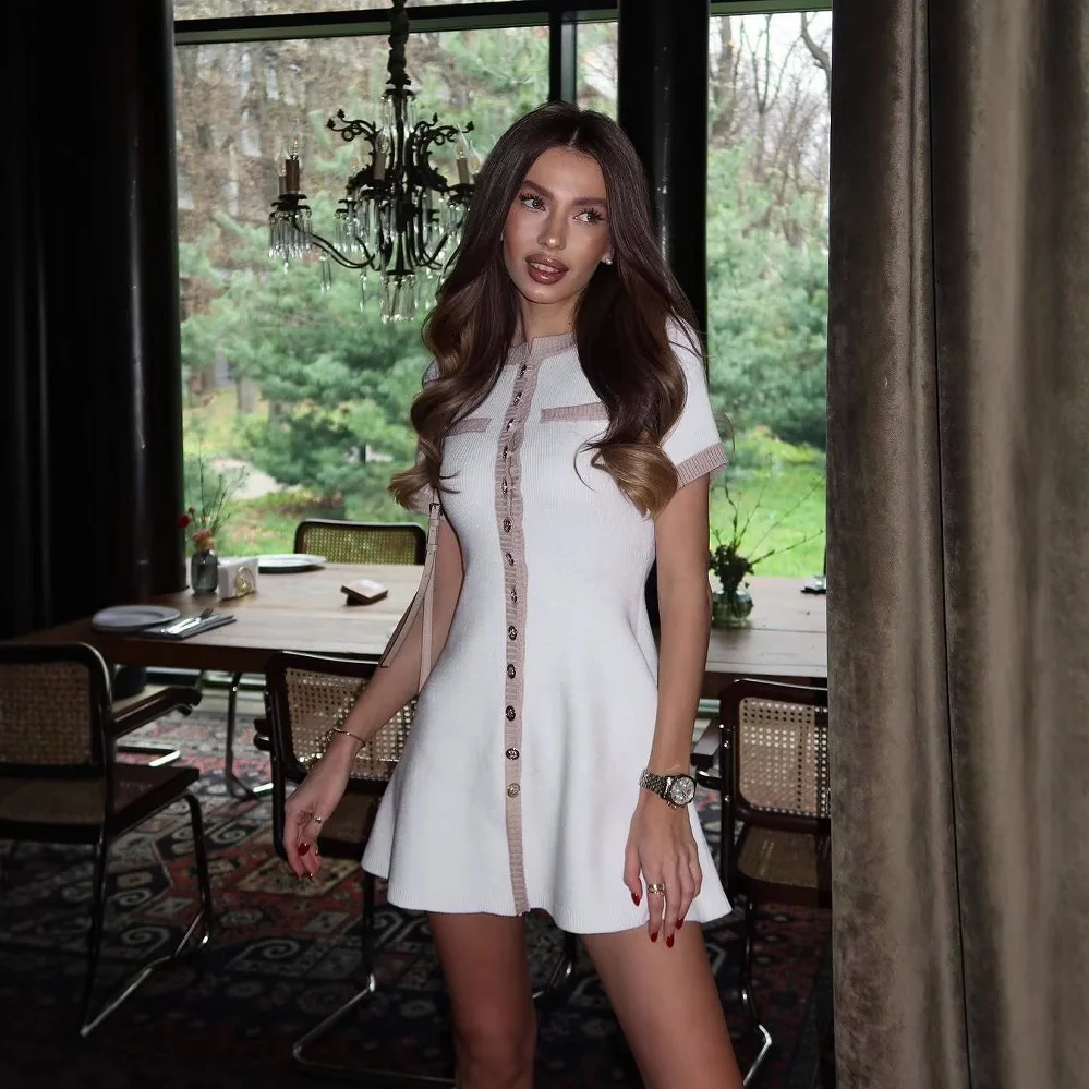 

2025 White Bodycon Mini Dress Sexy A-Line Knit Dress Women Summer Elegant Metal Buttons Club Stretchy Short Sleeve Dress