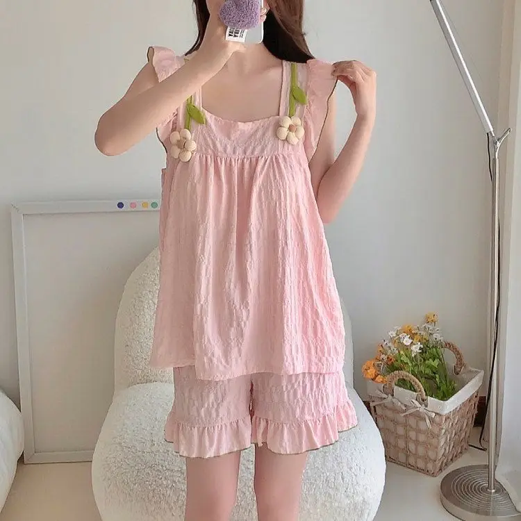 Ladies Cotton Pajamas Y2K Strap Tops&shorts Sleepwear Cute Pijama Summer Pyjamas Casual Nightwear Women Home Clothes 2 Piece New