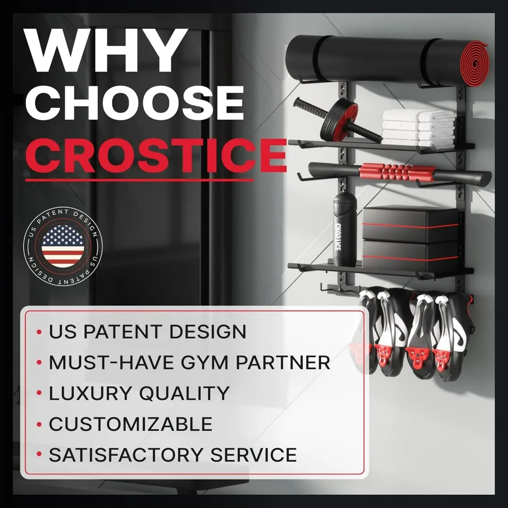 منظم معدات الصالة الرياضية المثبت على الحائط قابل للتعديل مع رفين وحامل حصيرة اليوغا للتخزين المنزلي #4