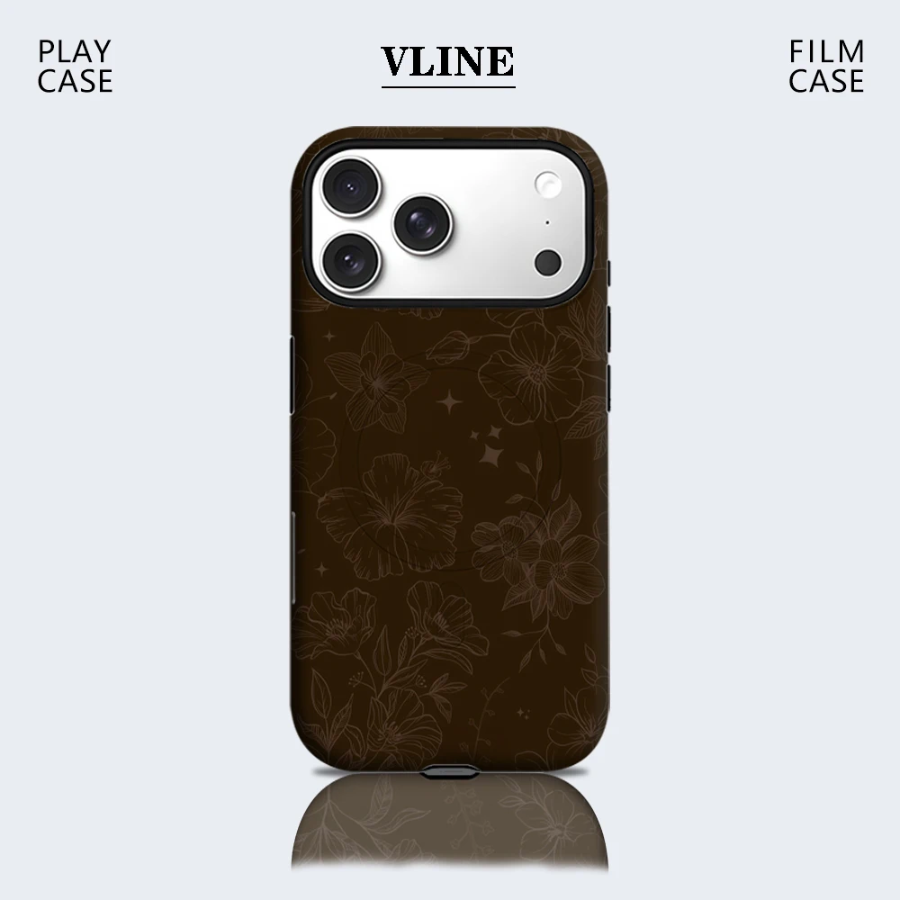 Elegante braune Handyhülle mit Blumenmuster für magnetische iPhone 17 16 15 14 13 Pro Max Plus – Robuste Einzel- und Doppelschicht-Hülle