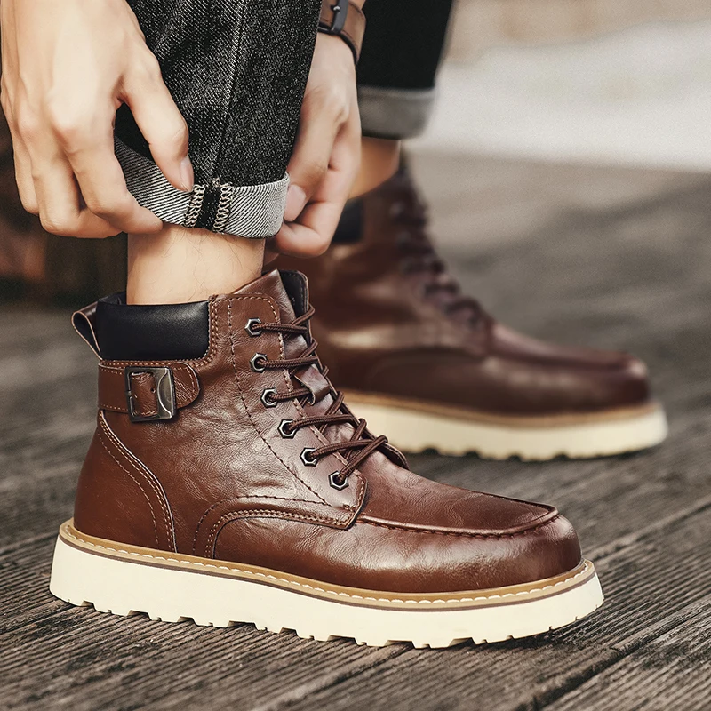 Men's Fashion Tooling Work Boots Black Brown Original Leather Shoes Cowboy Platform Ankle Boot Outdoors Short Desert Botas Male