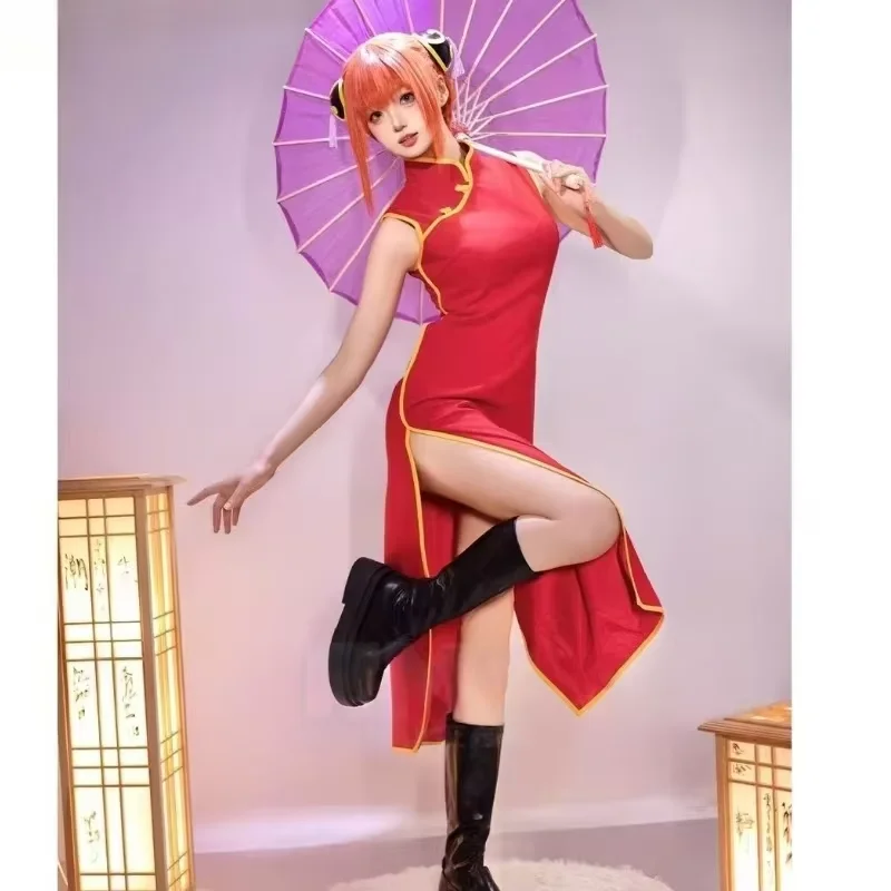 

Gintama Kagura Cosplay Costumes Red Color Sleeveless Cheongsam Stretchable Matte Slimming Effect Halloween Comic Con Outfit