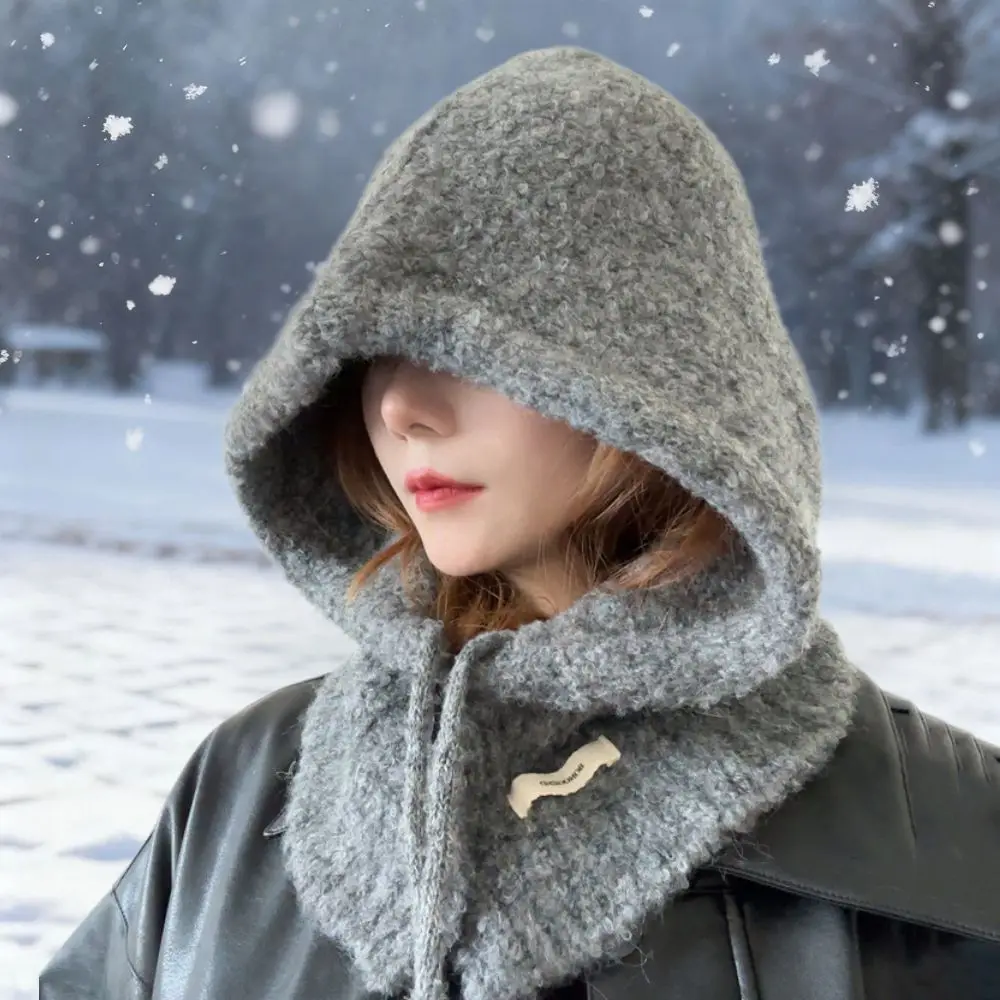 

Knitted Hooded Caps for Women men Winter Balaclava Hats Korean Style Outdoor Neck Warmer Drawstring Hats One-piece Beanies Cap