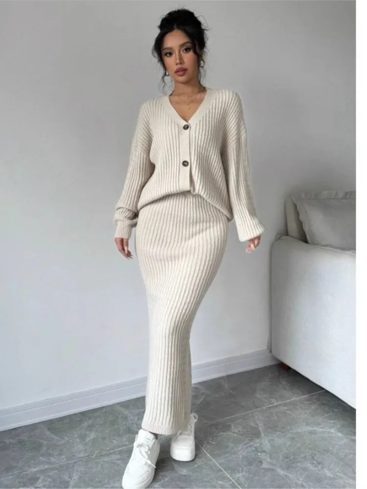 Womens Loose Cardigan Two-piece Set Long Sleeve V-neck Sweater Coat And Package Hip Skirt Autumn Winter Elegant Knitted Suit